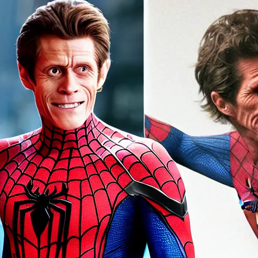 Image similar to spiderman with the head of willem dafoe