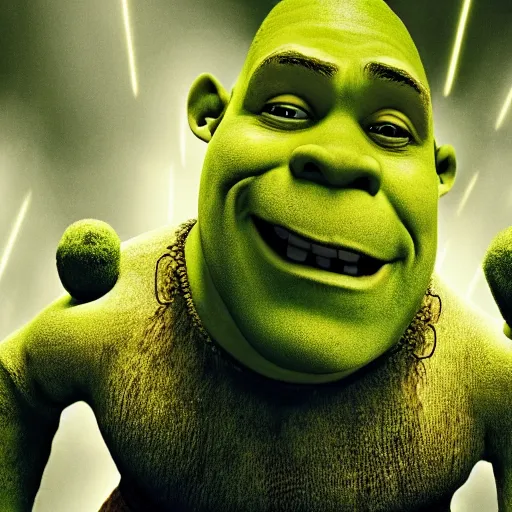 Prompt: a photographic still of Shrek in The Matrix as Neo