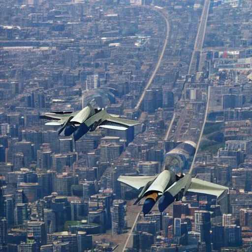 Image similar to fighter jets flying through a city