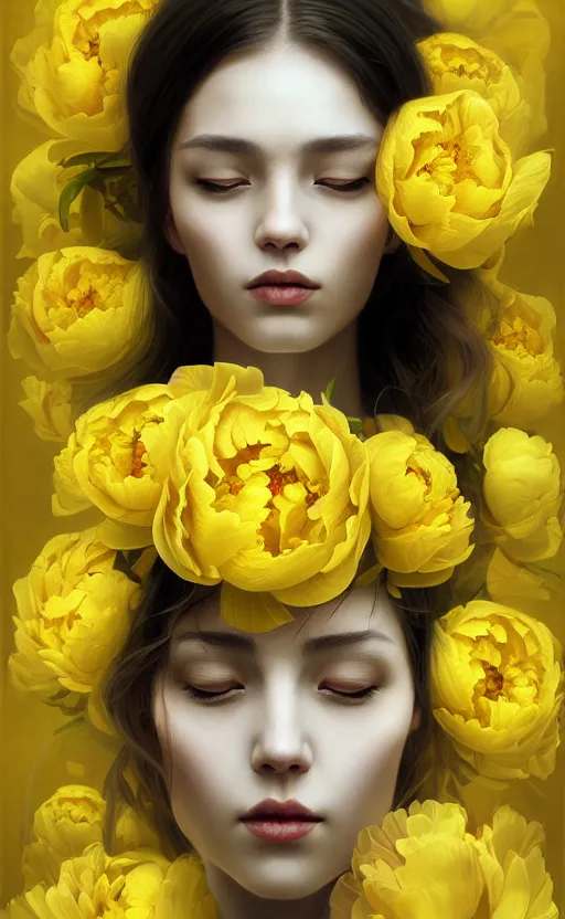 Image similar to beautiful yellow woman, symmetrical portrait, realistic, full body, black peonies, white snakes wrapped around the sky, rich details, by wlop