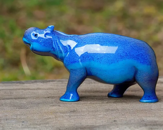 Image similar to small hippopotamus sculpture on a desk with bottom part and legs made out of wood and back and top part out of blue epoxy resin, side view centered