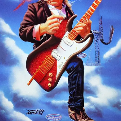 Prompt: Rik Mayall Shredding on an electric guitar, artwork by Jason Edmiston