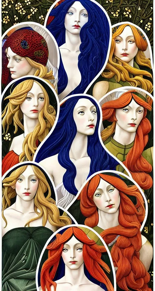 Image similar to 12 figures, representing the 4 seasons, (3 are Winter, 3 are Spring, 3 are Summer and 3 are Autumn), in a mixed style of Botticelli and Æon Flux!!, inspired by pre-raphaelite paintings, and cyberpunk!!!, stunningly detailed, stunning inking lines, flat colors, 4K photorealistic