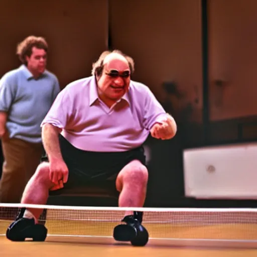 Prompt: danny de vito playing ping pong on skates