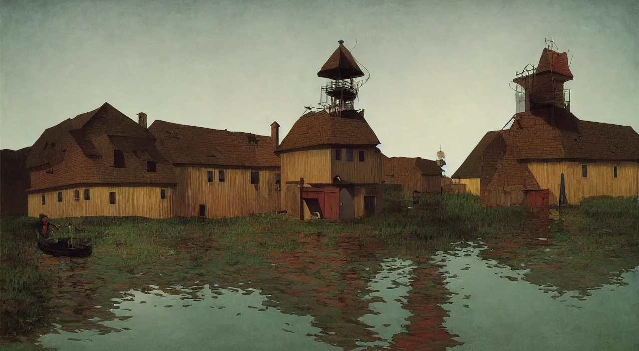 Prompt: single flooded simple old wooden tower, very coherent and colorful high contrast!! masterpiece by rene magritte simon stalenhag carl spitzweg syd mead norman rockwell edward hopper james gilleard, minimalist, dark shadows, sunny day, hard lighting