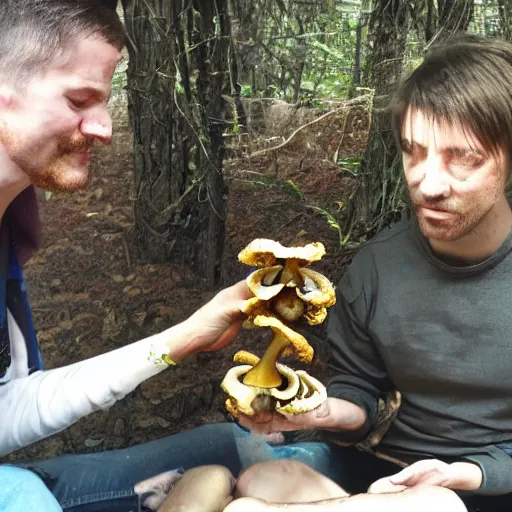 Image similar to human consuming a golden teacher mushroom and realizing everything is connected