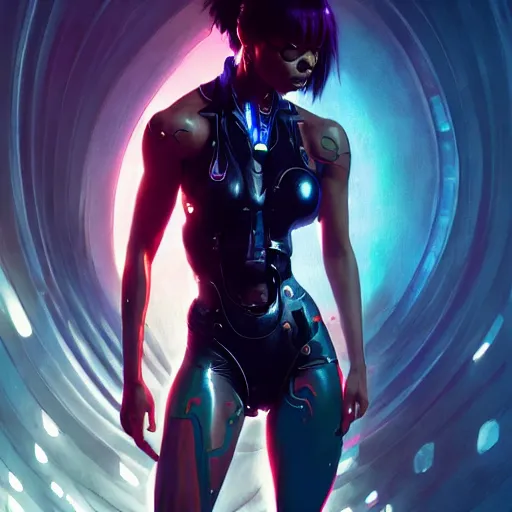 Image similar to cyborg Normani as aeon flux profile picture by Greg Rutkowski, dynamic pose, surreal, intricate, futuristic, fantasy, soft neon lighting, elegant, by Stanley Artgerm Lau, greg rutkowski, thomas kindkade, alphonse mucha, loish, norman Rockwell,