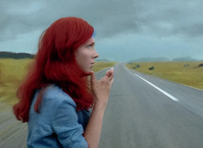 Image similar to A very high resolution image from a new movie, landscape from a car window , teen red hair woman, raining, hot, directed by wes anderson