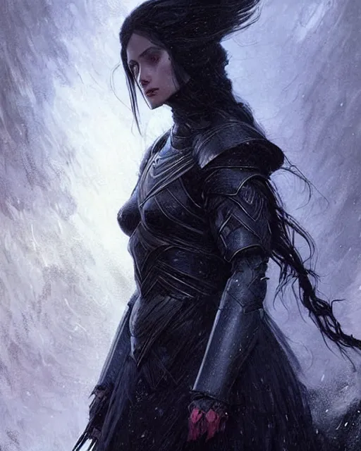 Image similar to a beautiful woman dark hair in an armor with dark eyes, elegant, dark blue, ethereal horror fantasy art by greg rutkowski and magali villeneuve and claude monet