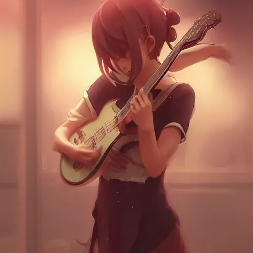 Image similar to anime girl Playing the 🎸 instrument , digital Art, Greg rutkowski, Trending cinematographic artstation