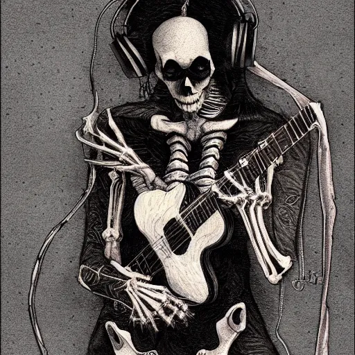 Image similar to skeleton wearing headphones, watching girl playing guitar while her black cat standing next to her, detailed intricate ink illustration, dark atmosphere, detailed illustration, hd, 4k, digital art, overdetailed art, by greg rutkowski, by loish, complementing colors, Trending on artstation