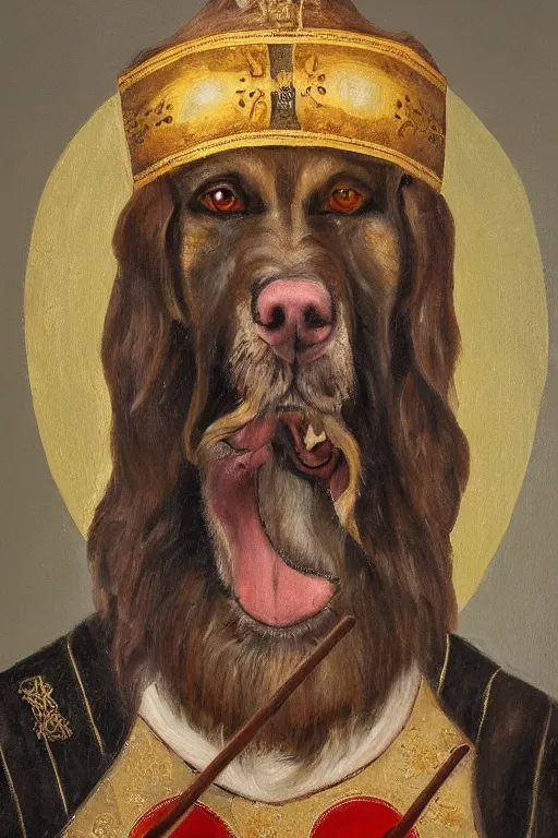 Image similar to Slavic dog head man, Orthodox Saint Christopher, oil painting, hyperrealism, beautiful, high resolution, trending on artstation, with an axe,