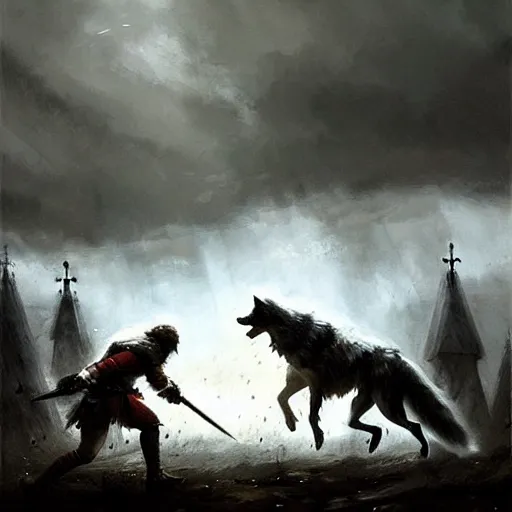 Prompt: one!!!! large white wolf fighting a medieval soldier, artstation, jakub rozalski, high detail, dramatic lighting, night, rain