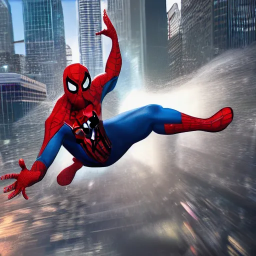 Image similar to fat spider - man falling into a large pool in the middle of a busy city, ultra realistic, hd, 8 k