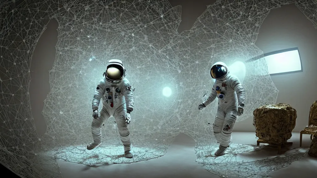 Image similar to a single astronaut eva suit interwoven with diamond 3d fractal lace iridescent bubble 3d skin and covered with insectoid compound eye camera lenses floats through the living room, film still from the movie directed by Denis Villeneuve with art direction by Salvador Dalí, wide lens,