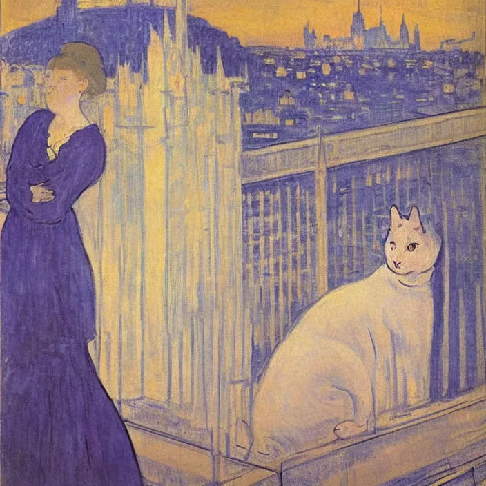 Image similar to woman in indigo dress with city with cathedral seen from a window frame at night. fuzzy white cat. monet, henri de toulouse - lautrec, utamaro, matisse, felix vallotton