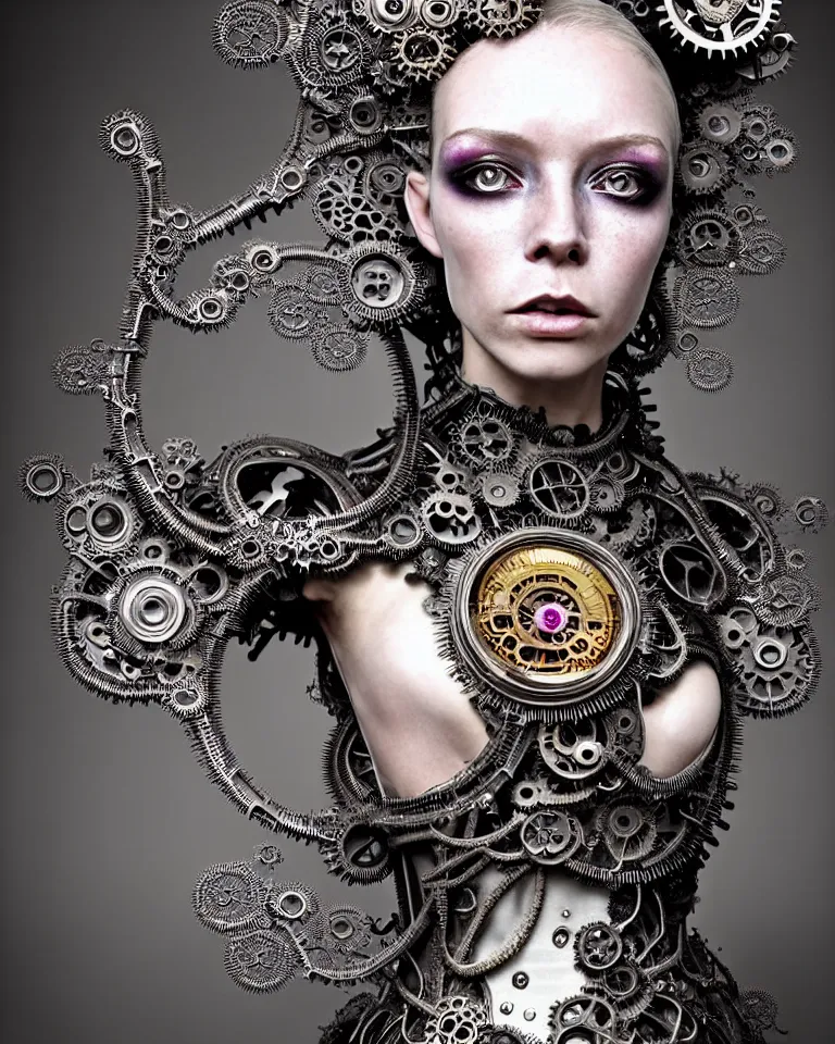 Image similar to highly detailed photo full body portrait of complex bio-mechanical beautiful young female demonic cyborg with a Mandelbrot fractal steampunk metal fine lace face, retrofuturistic depressing hopeless horrific vibe, radiating dark energy aura, curled silver hair and a fine metal floral foliage super big lace collar by Alexander McQueen:: high fashion, haute couture, rococo, steampunk, silver filigree details, anatomical, facial muscles, cable wires, microchip, elegant, hyper realistic, 150 mm lens, soft rim light, octane render, unreal engine, volumetric lighting, 8k, muted reflective metallic coloring, sharp focus