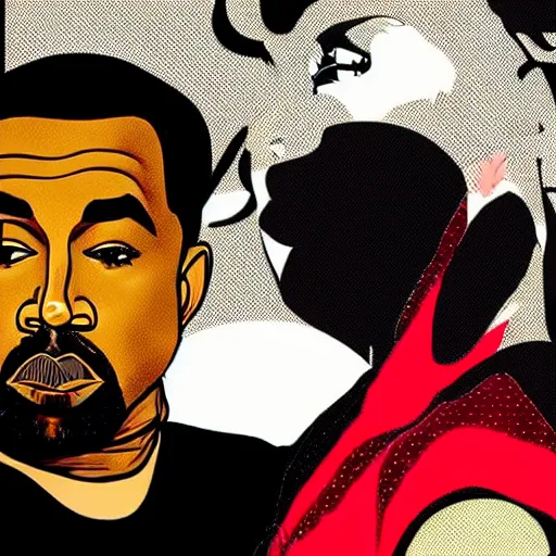 Prompt: julia fox and kanye west at dinner in the style of roy lichtenstein