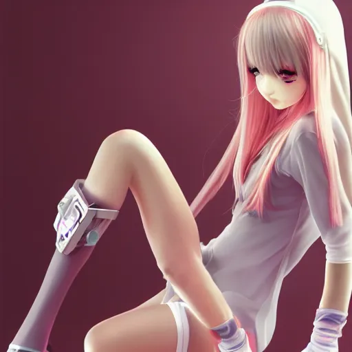 Image similar to girl, full body, full length, stockings, shoes, nurse costume, robot, cyborg, minerals, beautiful face, 3 d, hyperrealism, anime, 4 k