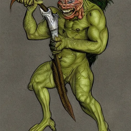 Prompt: dog - faced muscular goblin, ugly face, lizard tail, holding scimitar made of bone, scimitar, colorized, green skin, hyper - detailed, primeval fantasy, prehistoric fantasy, drawn by frank frazetta