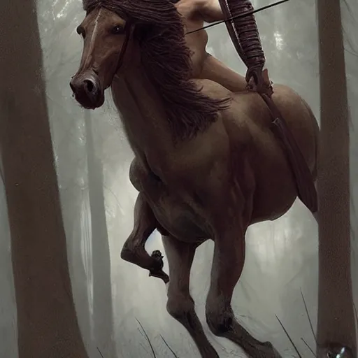 Prompt: Adam Driver as a centaur warrior, human torso on a horse body, shirtless, with a bow and arrow, galloping through the forest, digital art, fantasy art by Greg Rutkowski