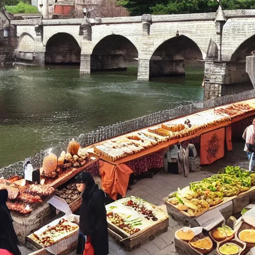 Image similar to medieval food market on a bridge