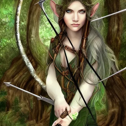 Prompt: a young elven female archer. long silver hair, fair skin like porcelain, beautiful greens eyes. fantasy. digital art. very detailed. anatomically precise. forest background.