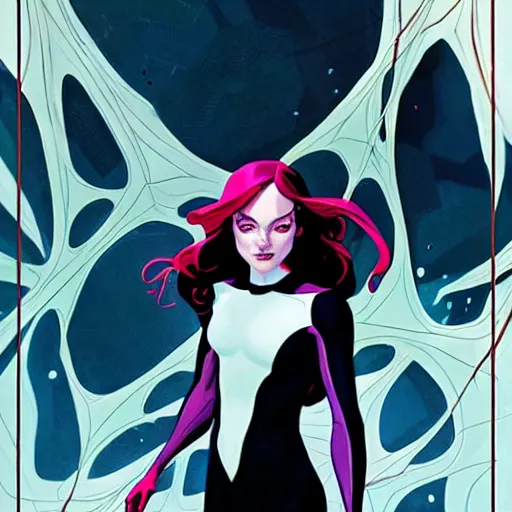 Prompt: Rafeal Albuquerque comic art, Joshua Middleton comic art, cinematics lighting, pretty female Emma Stone as Spider Gwen symmetrical face, Marvel comics, hanging from white web, playful smirk, city in background