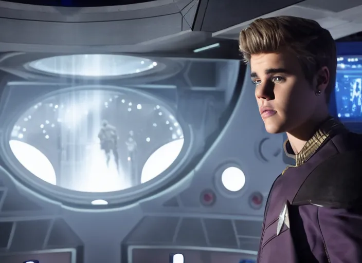 Prompt: Justin Bieber plays as captain in Star Trek Discovery, engine room and warp core in the background, 35mm photography, highly detailed, cinematic lighting, 4k