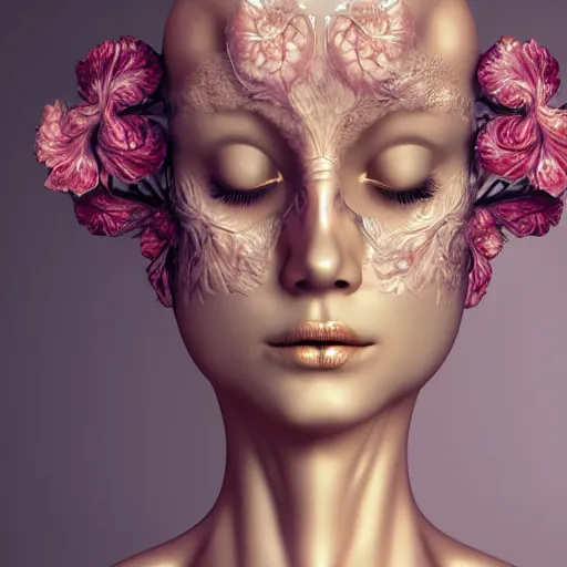 Image similar to beatifull face portrait of a woman, 150 mm, anatomical, flesh, flowers, mandelbrot fractal, facial muscles, veins, arteries, intricate, golden ratio, full frame, microscopic, elegant, highly detailed, ornate, ornament, sculpture, elegant , luxury, beautifully lit, ray trace, unreal, 3d, PBR, in the style of peter Gric , alex grey and Romero Ressendi