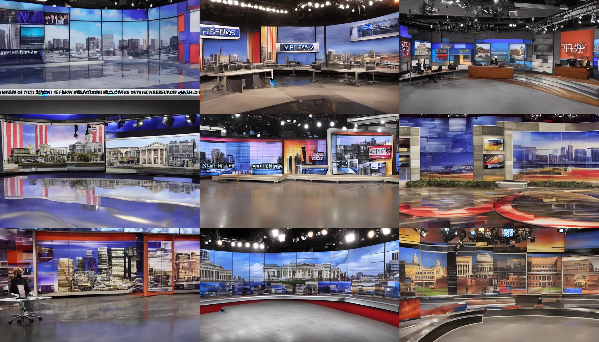 Prompt: A backdrop for the set of a news show depicting buildings from Middletown, Maryland, jumbled together