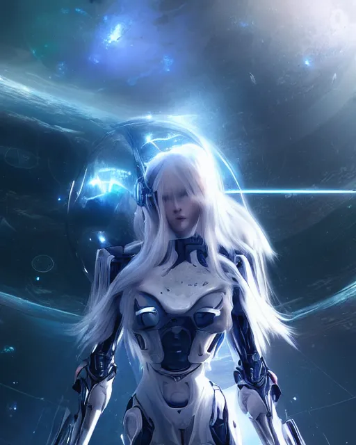 Image similar to photo of a android girl on a mothership, warframe armor, beautiful face, scifi, nebula, futuristic background, galaxy raytracing, dreamy, ethereal, beauty, long white hair, blue cyborg eyes, glowing, 8 k high definition, insanely detailed, intricate, innocent, art by akihiko yoshida, antilous chao, li zixin, woo kim