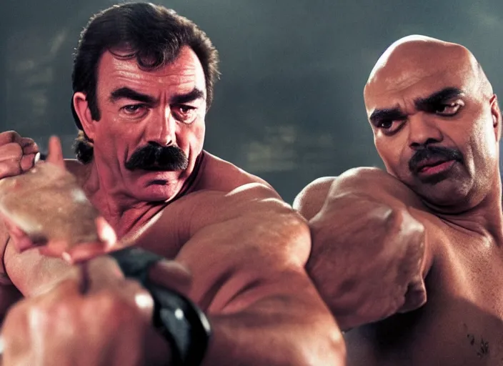 Image similar to film still of Tom Selleck and Charles Barkley fighting Ninjas in the new Bloodsport movie, 8k