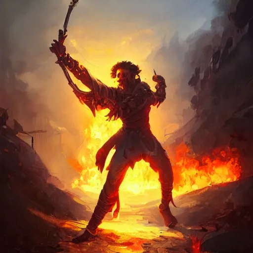 Prompt: beautiful painting of a male halfing bard, casting fireball and killing a whole village, painted by greg rutkowski