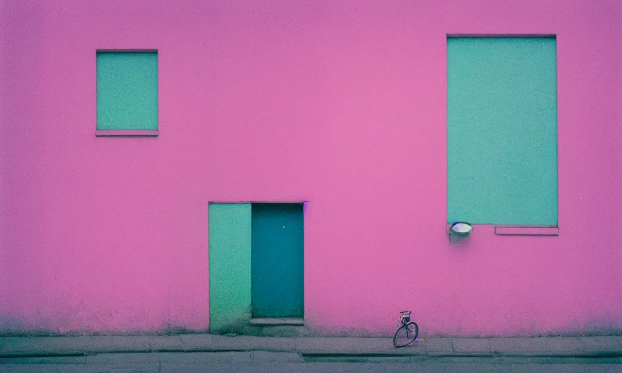 Image similar to 4x5 styled street photography, pastel colours, abstract composition, rule of thirds, decisive moment, pastel colours enshrouding, grainy, shallow depth of field, 35mm lens