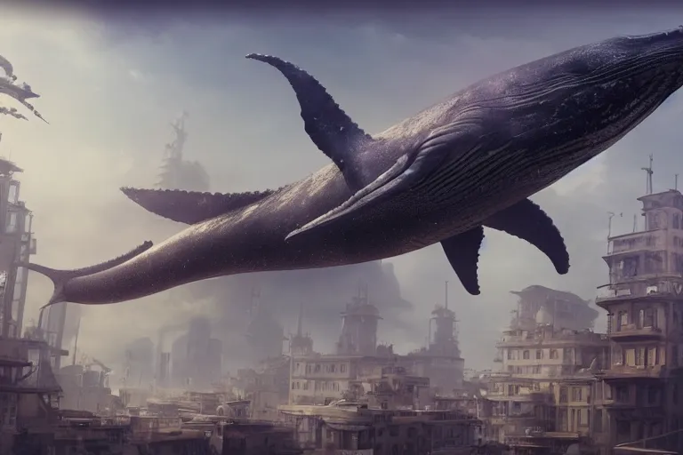 Image similar to alien whale flying over a steampunk city, 3d scene, render, ultra realistic, zenith view, Greg Rutkowski, artstation, cgsociety, level design, unreal engine alien whale flying over a steampunk city, 3d scene, render, ultra realistic, zenith view, Enki Bilal style