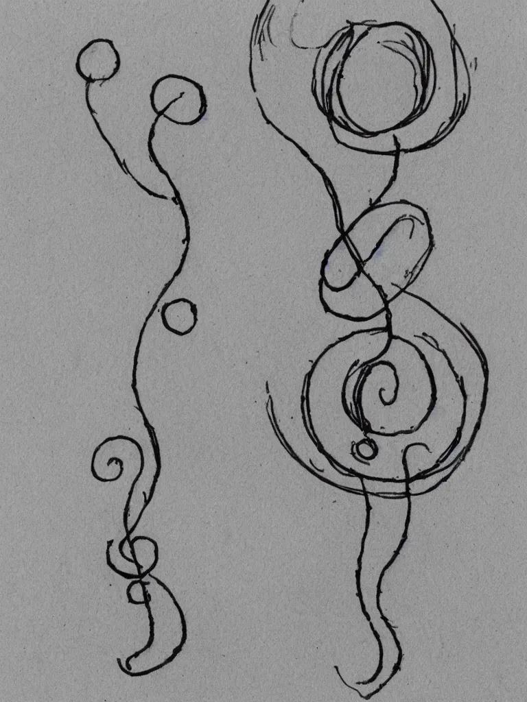 Prompt: a sketch of an acorn that turns into a tree in the shape of a treble clef with a wavy line in the middle, single line drawing