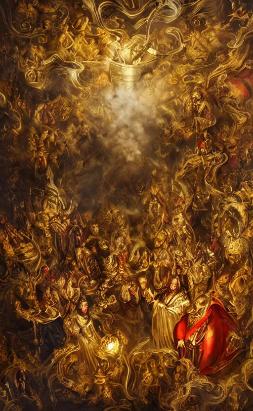Image similar to 'Deamons Invade The Holy See' by István Sándorfi royally decorated, whirling smoke, embers, gold encrustations , gilt silk torn fabric, radiant colors, fantasy, perfect lighting, studio lit, micro details,
