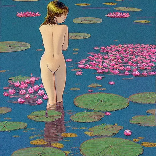 Image similar to A girl bathes in a lake where water lilies are floating, art by moebius, High definition, detailed,