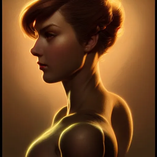 Prompt: head and shoulder portrait of Samus Aran, dark fantasy, medium shot, intricate, elegant, highly detailed, digital painting, volumetric light, artstation, concept art, smooth, sharp focus, illustration, art by Gil Elvgren and Greg Rutkowski and Alphonse Mucha