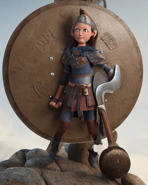 Prompt: a viking girl with a shield, pixar style, clean detail, symmetrical, octane render, studio lighting