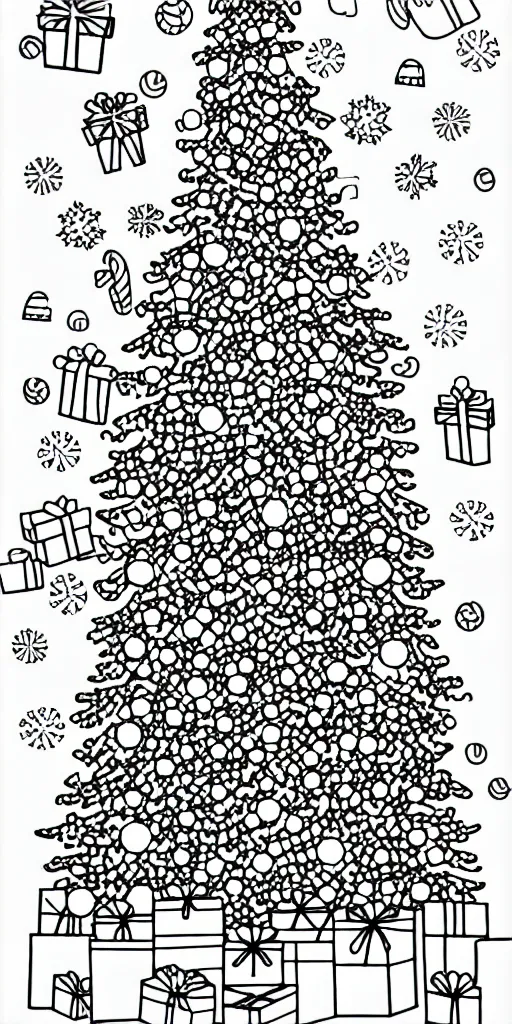 Image similar to black and white coloring book page of christmas trees, christmas decorations and candy canes