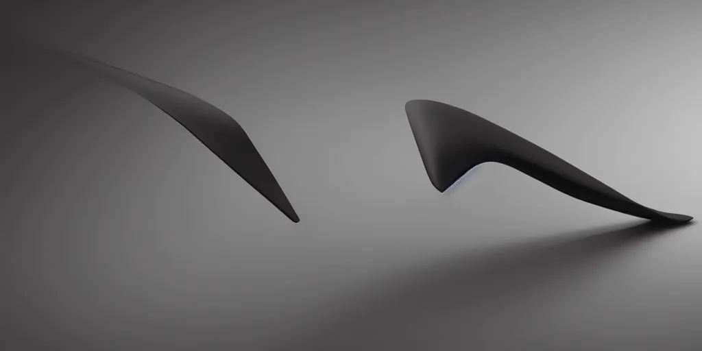 Prompt: aerodynamic planar flow form design concept, electronic high tech, very distant shot render matte black, centered on studio gray background, futuristic organic shape, all black design by james dyson, jonathan ive, braun design, technologic design, octane engine render, product concept, unreal engine 6 render