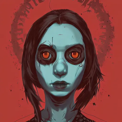 Prompt: Highly detailed portrait of a latino punk zombie young lady by Atey Ghailan, by Loish, by Bryan Lee O'Malley, by Cliff Chiang, inspired by iZombie, inspired by graphic novel cover art !!!red, brown, black and white color scheme ((dark blue moody background))