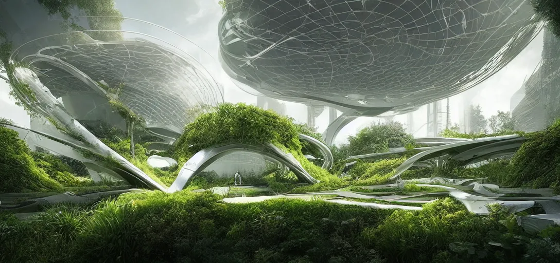 Image similar to a futuristic solarpunk garden, designed by zaha hadid, sci - fi, digital art by paul chadeisson