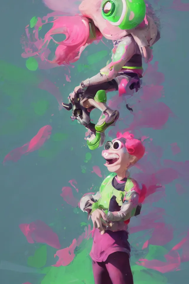 Image similar to a beautiful fullbody portrait of a cute happy splatoon boy with pink hair and green eyes wearing sports clothing tight leggings. character design by cory loftis, fenghua zhong, ryohei hase, ismail inceoglu and ruan jia. artstation, volumetric light, detailed, photorealistic, fantasy, rendered in octane