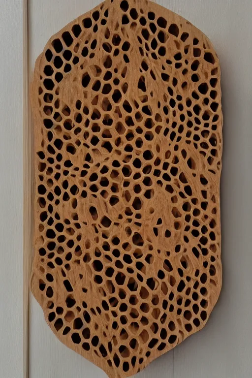 Image similar to non - euclidean labyrynth, abstract wooden carving, realistic, soaked in honeycomb