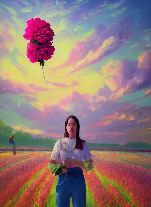 Image similar to portrait of a woman with a giant carnation as a face, flower field, surreal photography, sunset dramatic light, impressionist painting, colorful clouds, blue sky, digital painting, artstation, simon stalenhag