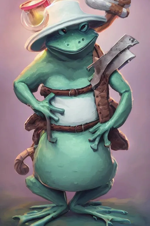 Image similar to cute anthropomorphic frog wearing a white butcher coat with a butcher hat and holding a cleaver knife ,tiny, small, miniature frog, baby animal, short, pale blue armor, cute and adorable, pretty, beautiful, DnD character art portrait, matte fantasy painting, cgsociety Artstation, by Jason Felix by Steve Argyle by Tyler Jacobson by Peter Mohrbacher, cinematic lighting