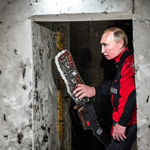 Image similar to putin with a chainsaw and a corpse. in a concrete bunker. focus on putins face with blood splatters. canon eos r 3, f / 1. 4, iso 1 6 0 0, 1 / 8 0 s, 8 k, raw, grainy